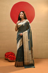 'Chand Boota' Dusty Green Pure Katan Kadhua Banarasi Handloom Saree